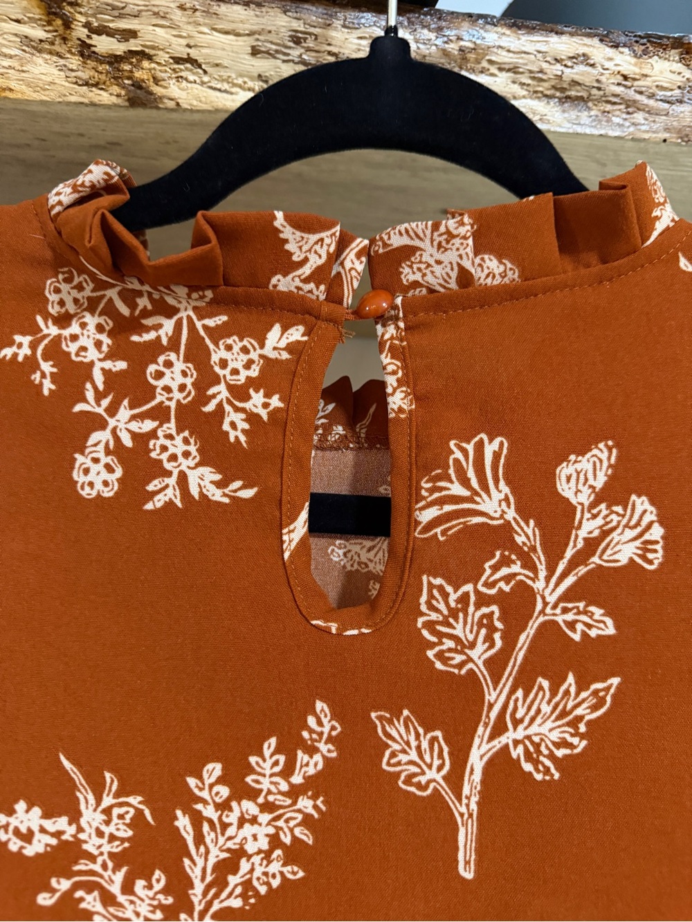 Rust Floral Long-Sleeve Women's Top with Pleated High Keyhole Neck - Picture 7 of 8